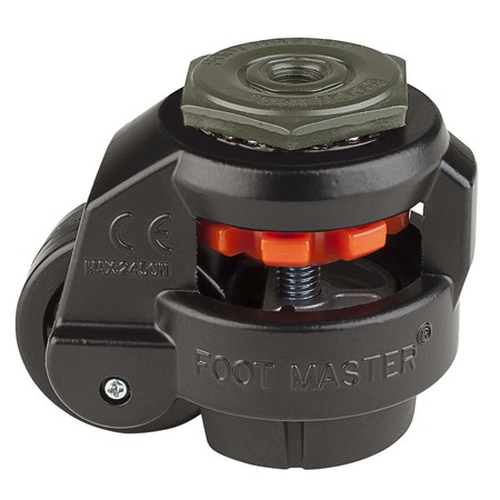 FOOT MASTER Leveling Caster, 50 mm Nylon Wheel, 1/2-13 Stem, Swivel, 280 kg Cap, NBR Foot Pad, Black GD-60-S-NYN-FBL-1/2